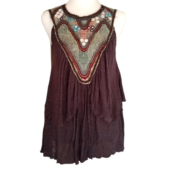 Free People Embroidered Embellished Cotton Blend Layered Tank Top Size Medium - Picture 1 of 5